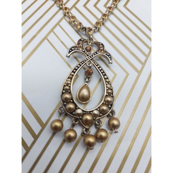 Cute Amber Glass Crystal Gold Tone Pendant Necklace Statement 18" Collar MINT - Picture 6 of 7